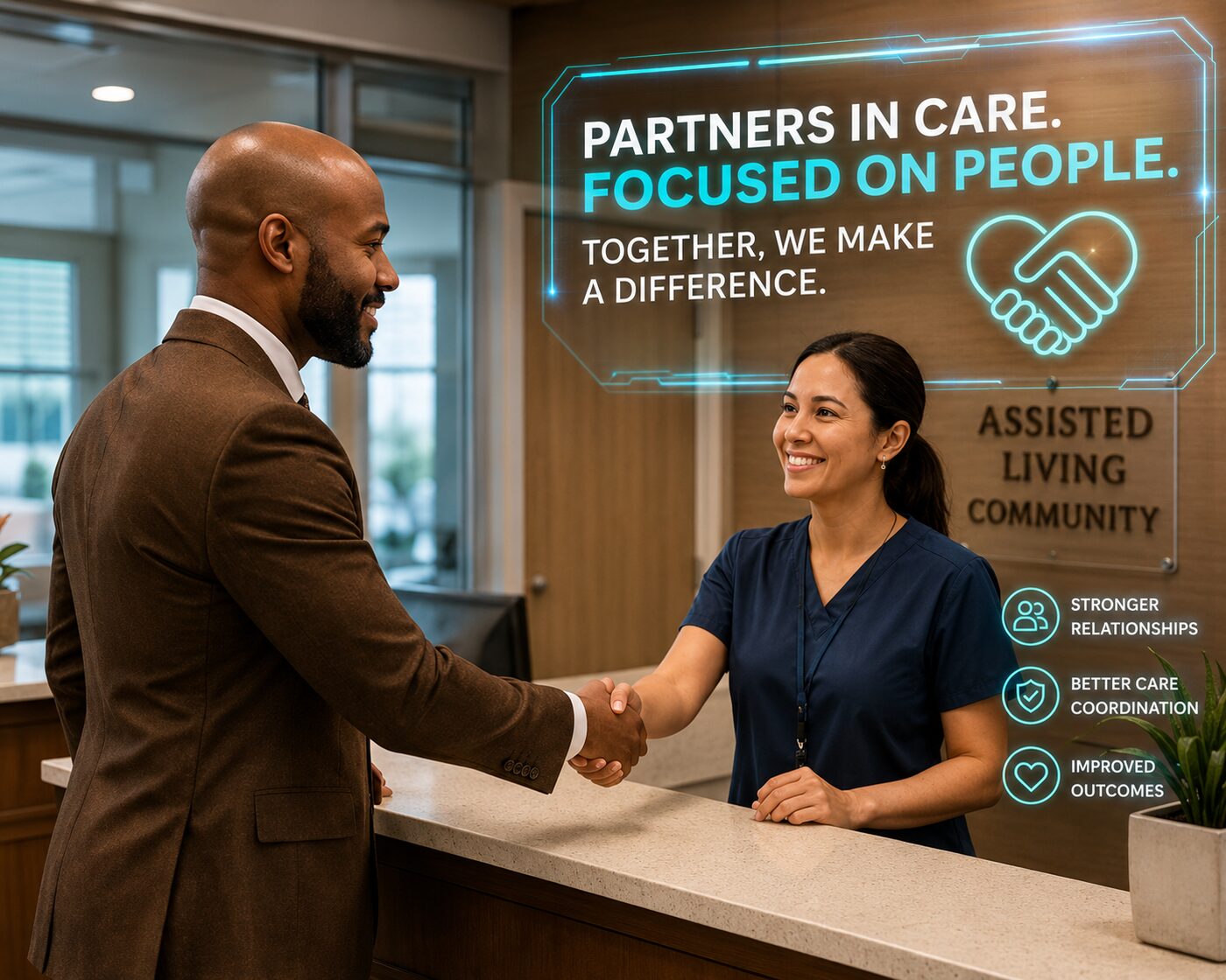 Provider shaking hands with staff at an assisted living community front desk
