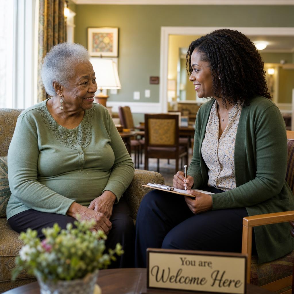 Healthcare provider visiting a resident at an assisted living facility