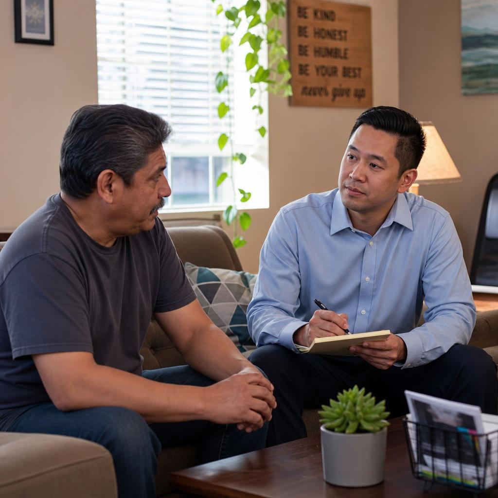 Provider in a supportive conversation in a group home